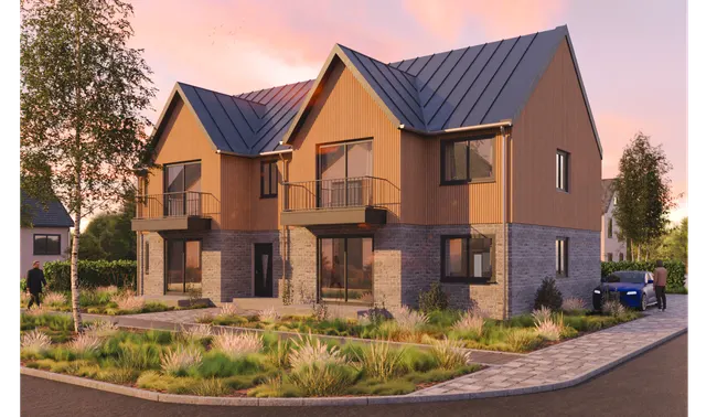 Architectural visualization of a modern duplex house in a suburban setting