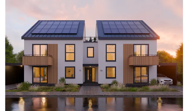 Third view of a suburban duplex architectural visualization