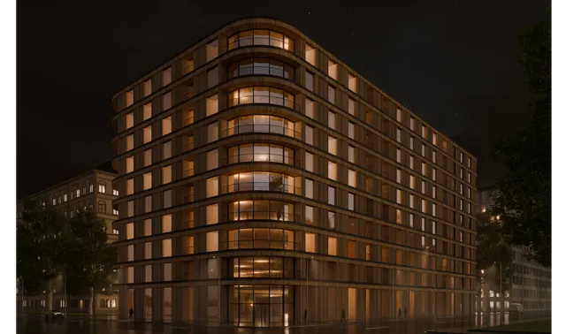Night rendering of an office building with illuminated windows