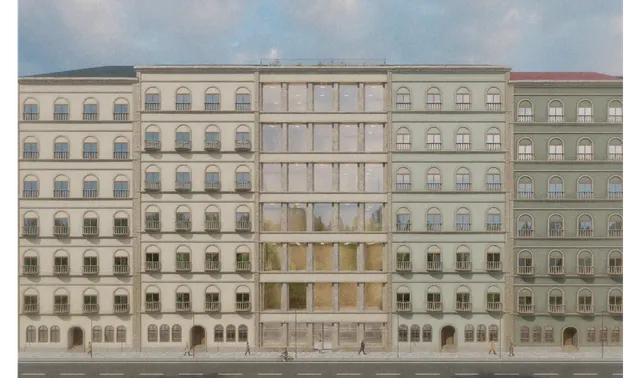Urban new-build architectural rendering with a clear street-side facade