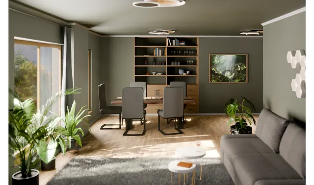 Modern living room visualization with warm materials and soft daylight
