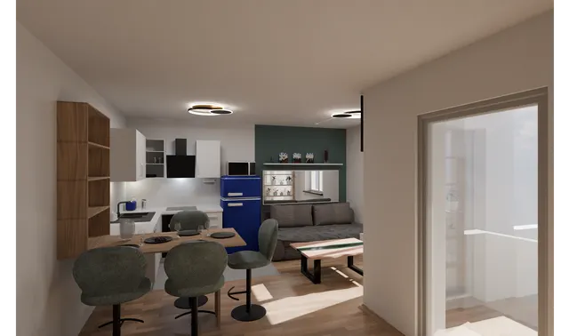 Compact living space in daylight with efficient interior layout