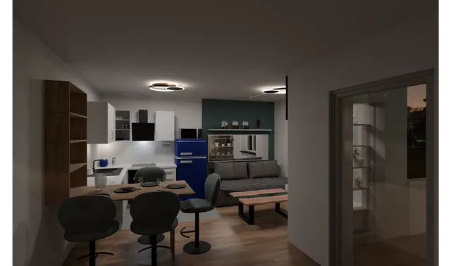 Compact living space at night with a darker interior mood