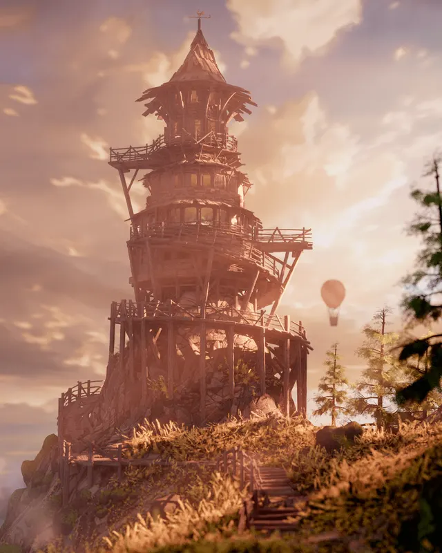 Fantasy wooden tower digital artwork surrounded by a natural environment