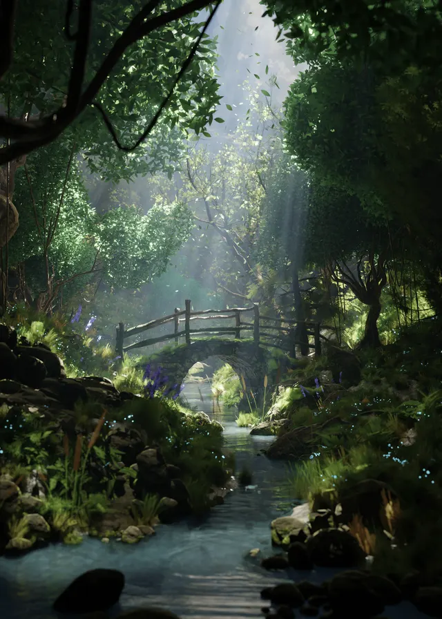 Digital forest bridge scene with layered depth and green atmosphere