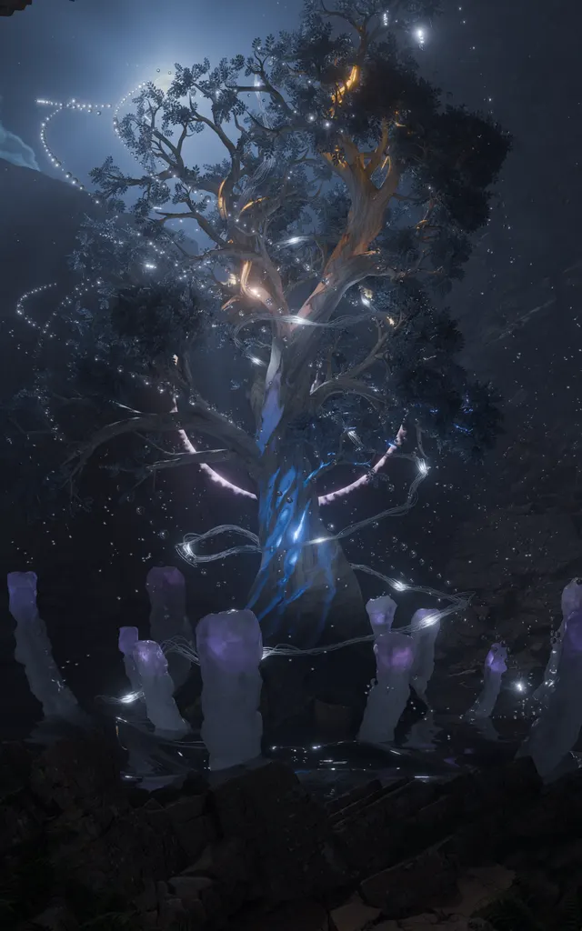 Circular tree light scene with glowing central focus