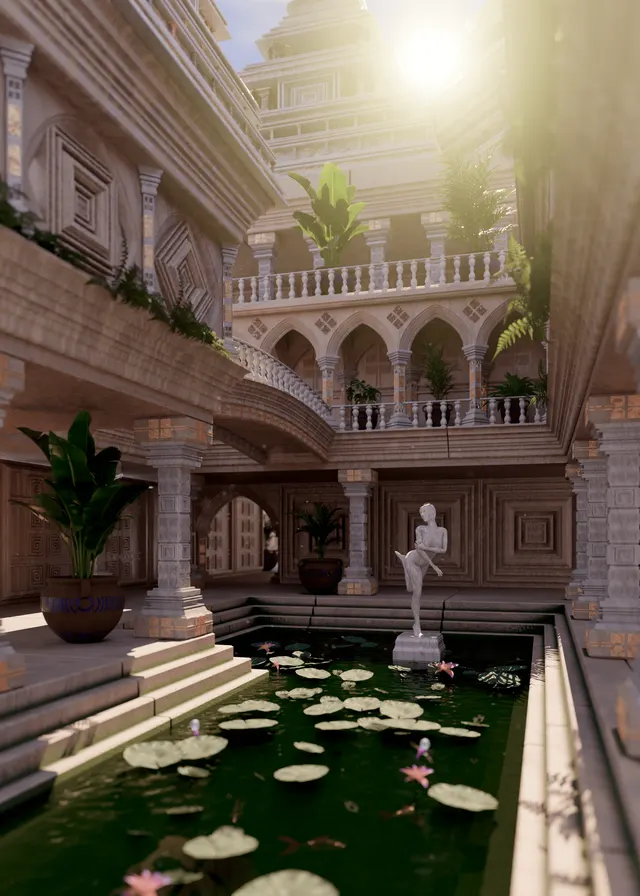 Fantasy temple courtyard digital environment with architectural structure