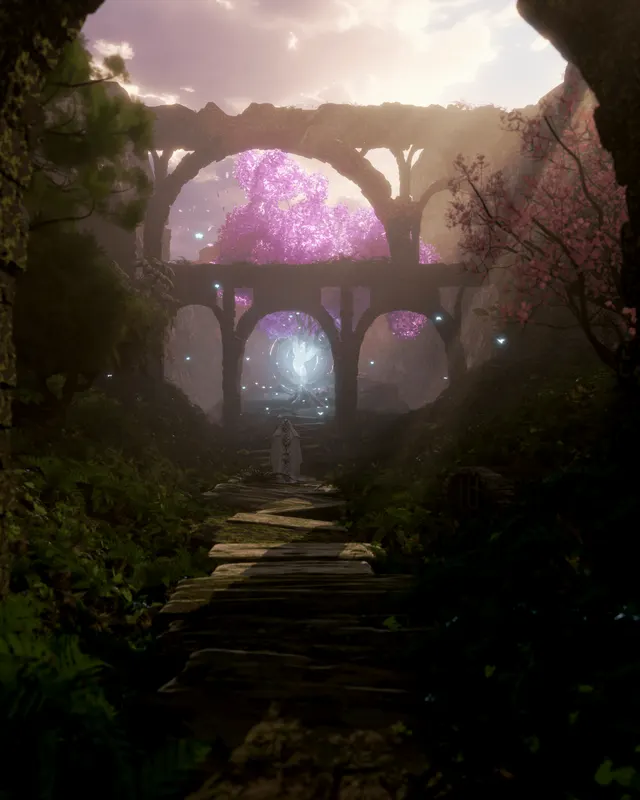 Digital ruin scene with a tree